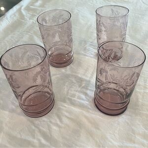 FOUR Vintage Boho Central Glass Purple Amethyst Etched Tumblers With Birds